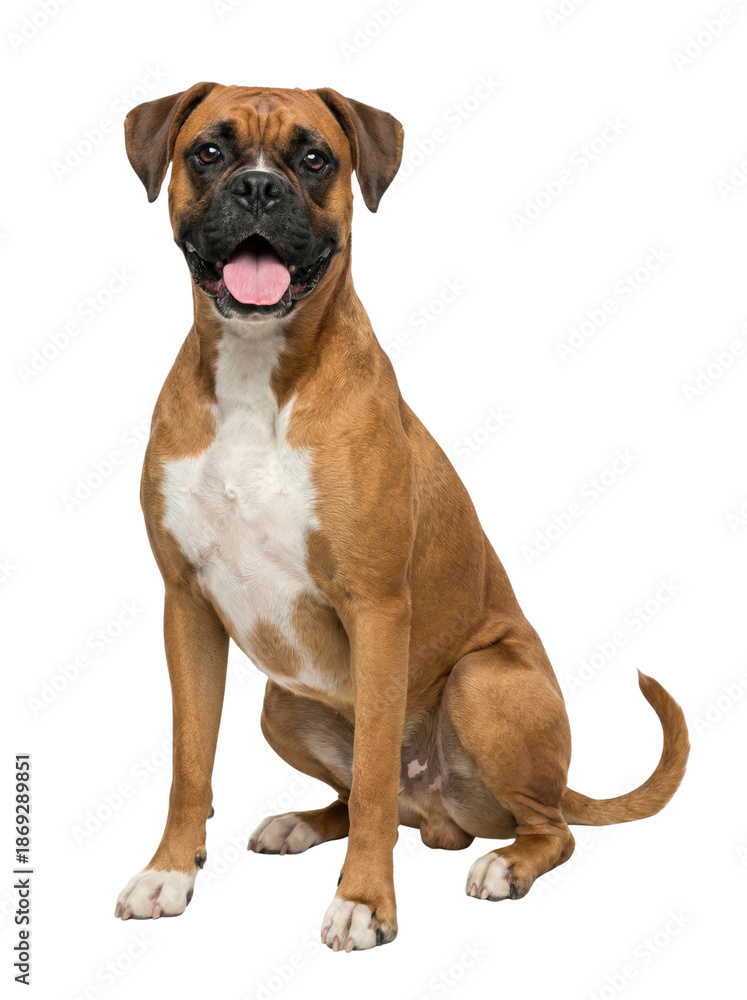 Obraz premium Brown boxer dog sitting with tongue out, full body pet cutout for design, Isolated on transparent background, png