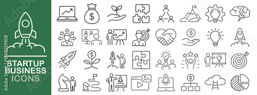 Startup business line icon set, rocket, idea, growth, strategy, teamwork, finance symbols, outline vector collection on transparent background