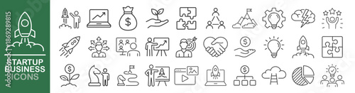Startup business line icon set, rocket, idea, growth, strategy, teamwork, finance symbols, outline vector collection on transparent background