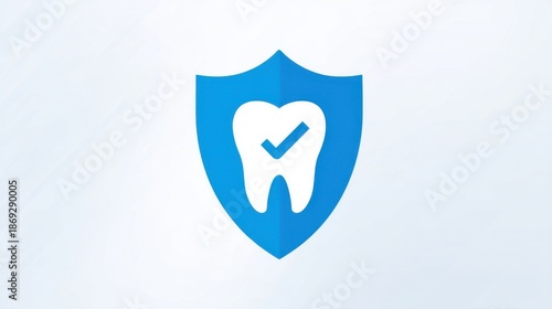 A blue shield emblem with a white tooth and checkmark symbolizes dental health hygiene and quality oral care services on