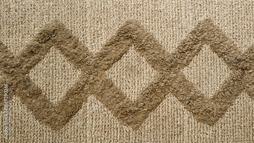 Neutral beige diamond rug with tufted pile and subtle looped pattern, closeup capturing soft fibers and warm tones, perfect for cozy living room styling, product display, interior design mockups