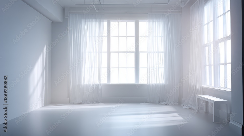 Fototapeta premium Bright and Empty Modern Room with Large Windows and Sheer Curtains