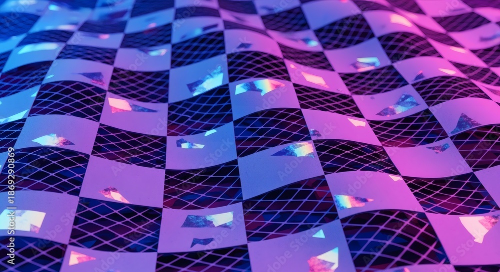 Fototapeta premium Layered depth optical illusion is created with a paper-cut checkerboard and neon night palette. Surreal futuristic concept