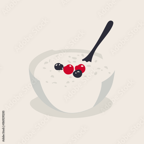 Flat minimalist vector of creamy porridge bowl with spoon and mixed berries breakfast food illustration simple design on neutral background