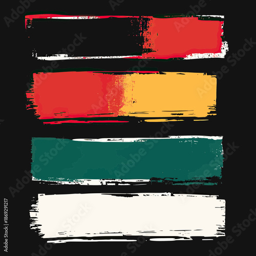 Abstract grunge style horizontal brush strokes in black red yellow green and white on dark background vintage painted texture banners in flat minimalist vector design