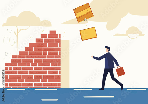 Businessman facing incomplete brick wall barrier on road with floating briefcase and file folder symbolizing career obstacles and professional challenges overcoming difficulty in flat vector style