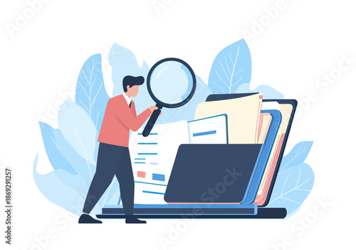Businessman holding magnifying glass searching large folder files on laptop screen with documents in flat minimalist style vector illustration