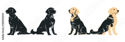 Set of four black and golden retriever dog silhouettes sitting side view hand drawn vector illustration animal pet breeds flat minimalist style