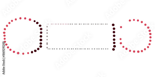 Minimalist abstract vector design with circular dotted patterns and rectangular dashed outline in red and black gradient on white background for creative graphic resource