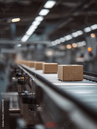 Cardboard boxes moving along an automated conveyor belt system in a modern industrial setting, representing efficient logistics, automated production, and supply chain management