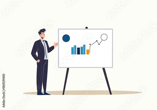 Confident businessman presenting growth chart and bar graph on whiteboard during sales pitch or business presentation in minimalist vector style