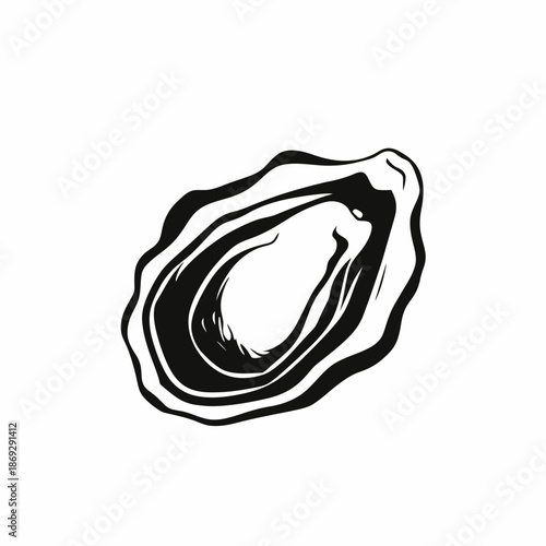 Minimalist black silhouette oyster shell vector icon with natural textured lines and organic shape isolated on white background for seafood design and marine illustration