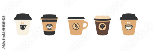 Set of five different minimalist coffee cup icons with lids and mugs showing various coffee logos and steam symbols in warm neutral colors flat vector design