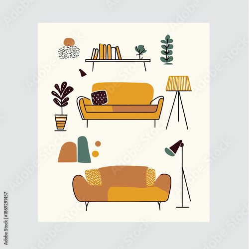 Minimalist flat vector illustration of modern living room interior with two sofas, decorative plants, floor lamps, wall shelf with books in doodle sketch style for home decor design inspiration