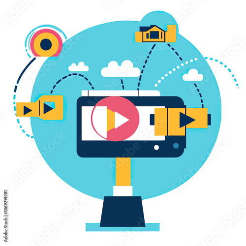 Digital marketing video streaming concept with play icons, online media content, cloud connections, and computer monitor flat vector illustration