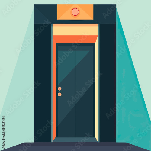 Minimalist flat vector illustration of modern elevator doors in geometric style with dark frame and orange accents on light teal background