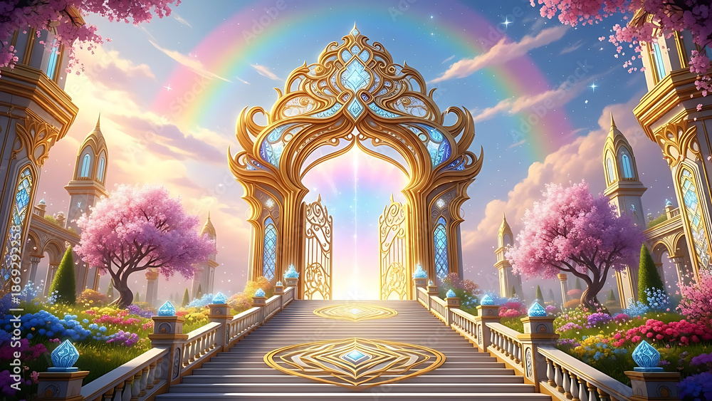 Fototapeta premium Heavenly golden gates opening to divine light with rainbow