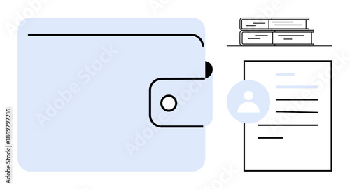 Finance, digital security, organization, identity management, banking services, personal documents. A wallet, user icon books and document appear in a clean vector style. Finance and digital