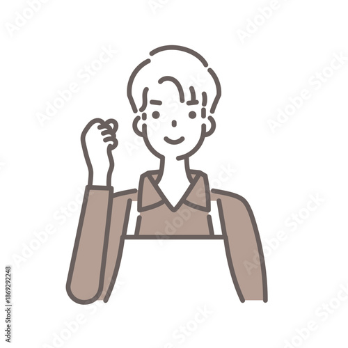 茶色のエプロンをつけた男性がガッツポーズをしているイラスト・シンプルな線画