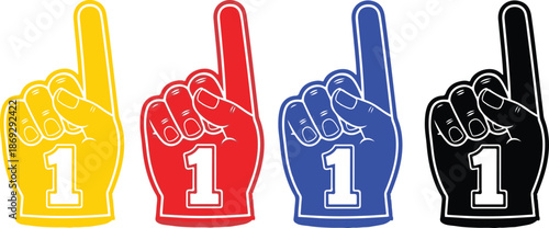 Set of colorful foam finger icons in multiple colors with a number one symbol, commonly used for sports cheering and fan support graphics.