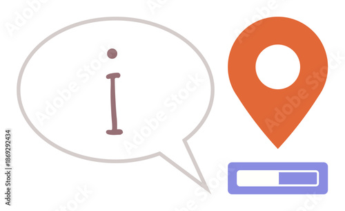 Navigation tools, location services, data progress, information sharing, search technology, digital communication. A speech bubble with an i, an orange location pin and a progress bar. Navigation
