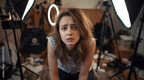 A visibly stressed young adult woman gazes directly into the camera with an expression of worry and overwhelm, her brow furrowed in a moment of emotional vulnerability. Her hair appears slightly dishe