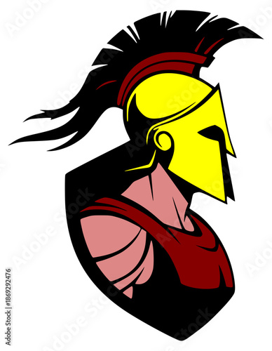 A graphic illustration depicting the head and shoulders of a Spartan or Roman warrior in profile, facing right
