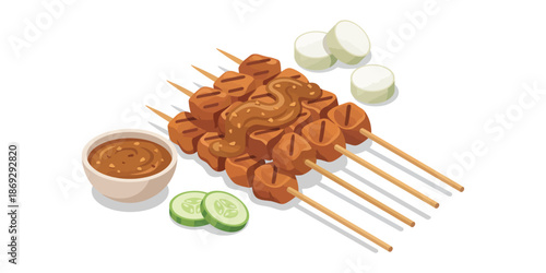 Authentic grilled satay skewers, generously coated in a rich peanut sauce, served with refreshing cucumber slices and traditional rice cakes, an iconic Asian culinary delight