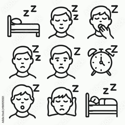Zzz Sleep and Snooze Line Icons Set, Bed Nap Snore Alarm Clock and Insomnia Symbols Isolated on White Background 