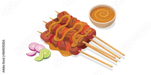 Flavorful grilled meat skewers with rich peanut sauce and fresh garnishes, a vibrant illustration of delicious Asian street food cuisine, perfect for menus or food blogs