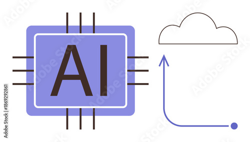 Artificial intelligence, cloud technology, data processing, machine learning, computing systems, innovation. AI chip with circuits connecting to a cloud symbol. Artificial intelligence and cloud