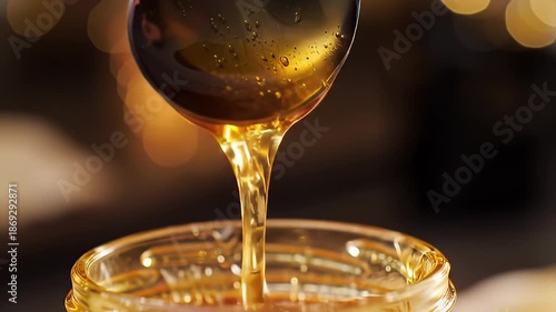 Golden Honey Dripping from a Spoon into a Glass Jar with Soft Bokeh Lights in the Background an appetizing close-up of viscous liquid natural 