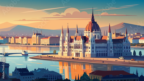 Very beautiful view of the Hungarian Parliament building and the Danube River in Budapest, Hungary, combining monumental architecture with calm waters for a timeless and iconic European city scene.