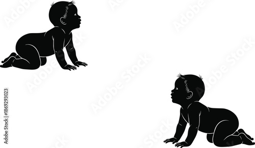 Black silhouette of crawling baby infants isolated on white background, toddler childhood development concept, little kid profile, cad drawing flat vector illustration