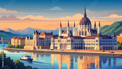 Very beautiful view of the Hungarian Parliament building and the Danube River in Budapest, Hungary, combining monumental architecture with calm waters for a timeless and iconic European city scene.