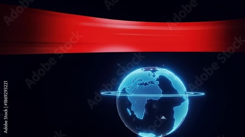 Abstract Digital Globe Rotating With Blue Orbit Ring Against Dark Background And Red Abstract Shape Above