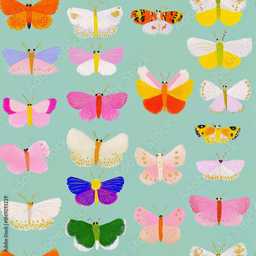 Vibrant Butterflies Seamless Pattern on Teal Background: A colorful illustration of whimsical butterflies, ideal for wrapping paper, textiles, decorative surfaces, or other creative projects