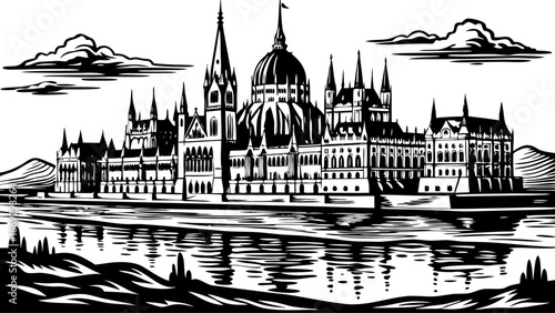 Very beautiful view of the Hungarian Parliament building and the Danube River in Budapest, Hungary, combining monumental architecture with calm waters for a timeless and iconic European city scene.