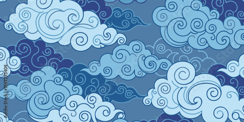 Whimsical clouds float gently across a vibrant blue sky with swirling patterns