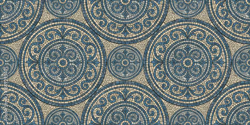 Pattern mosaic tile background in greek texture with blue and seamless design. Vector illustration with ornate curves and borders for web or print. Geometric sea motif for tiles and decor.