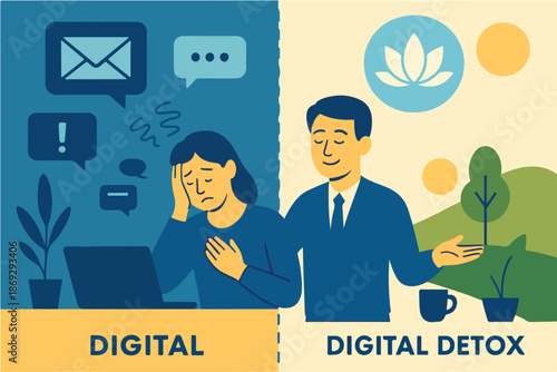 Digital detox concept showing person disconnecting from screens and finding balance
