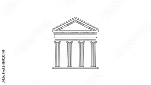 Classical greek temple with ionic columns and pediment isolated on white background