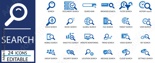Search and SEO Icon Set Solid Vector Magnifying Glass Symbols Web Research Data Analysis Internet Discovery Solid Icon Collection