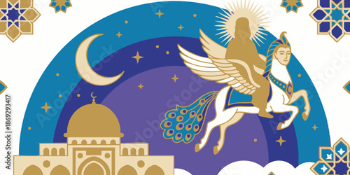 Mythical Creature Flying Over Mosque Under Starry Night Sky