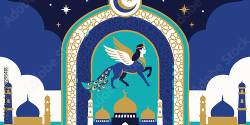Mythical creature flying through an ornate archway with domes and minarets at dusk