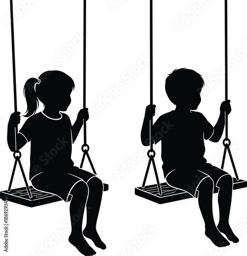Children on playground swings silhouette vector illustration, boy and girl playing together in black and white design for childhood, leisure, and outdoor fun themes