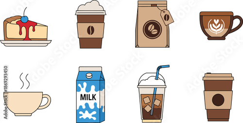 Coffee and dessert vector icon set featuring cake cups beans milk and iced drinks cozy cafe illustration collection design assets