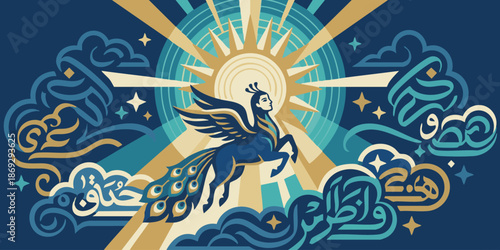Mythical Pegasus Soars Through Celestial Clouds Under Radiant Sunbeams