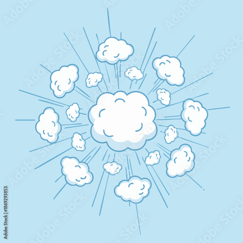 Clouds bursting with light rays emanating from the center in a minimalist illustration style on a light blue background