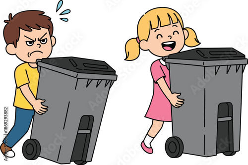 Kids taking out trash vector illustration showing boy and girl pushing garbage bins environmental responsibility recycling concept cartoon education design